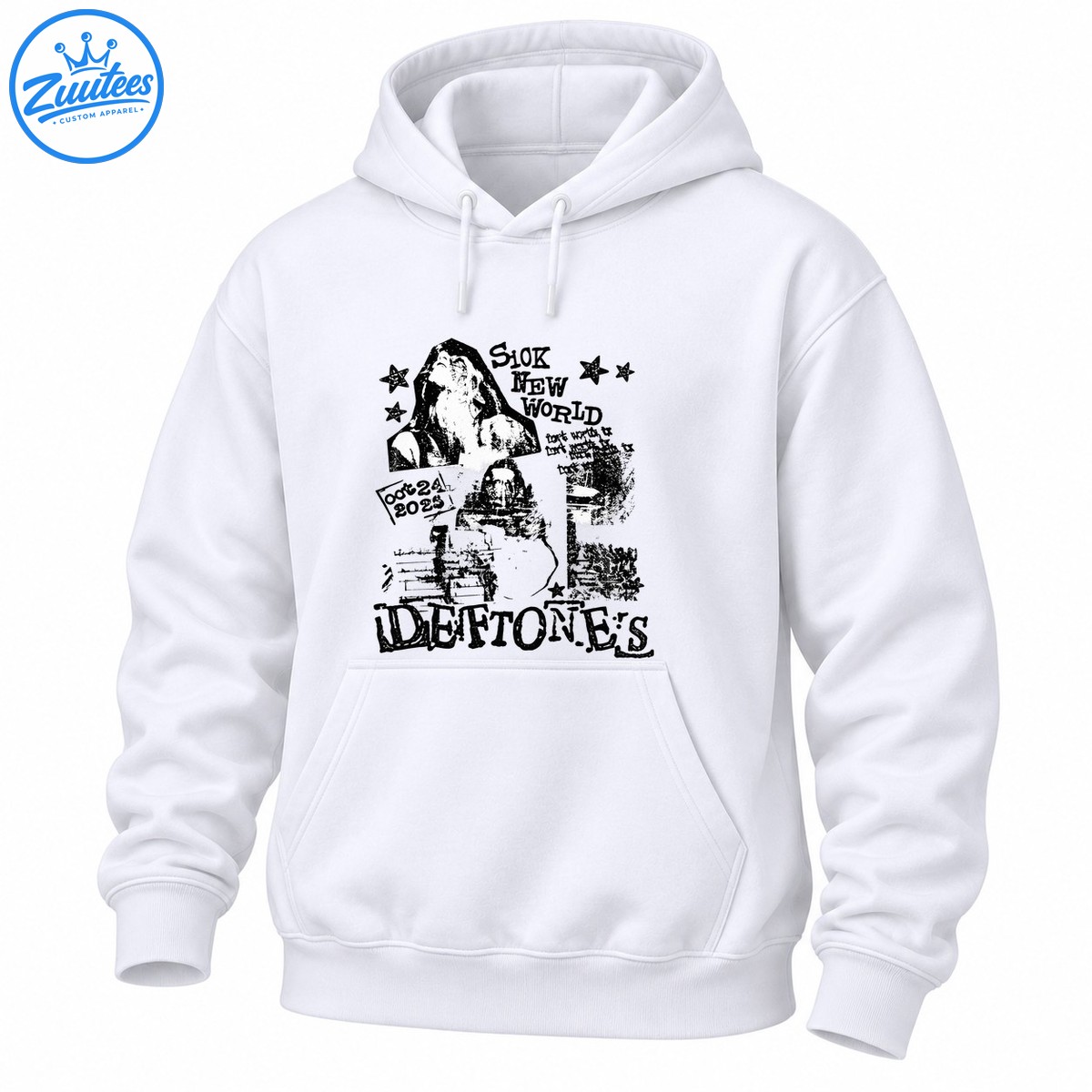 Black and white distressed Sick New World graphic with a performer portrait, stars, October 24 2023 text, and Deftones lettering Black and white distressed Sick New World graphic with a performer portrait, stars, October 24 2023 text, and Deftones lettering