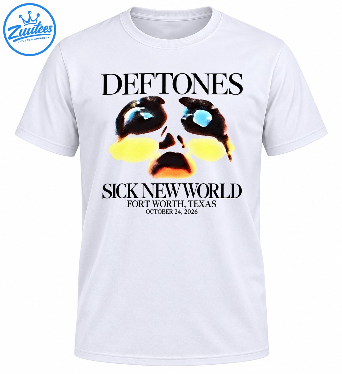 Sick New World Fort Worth Texas October 24 2026 shirt design with surreal face art and black typography Sick New World Fort Worth Texas October 24 2026 shirt design with surreal face art and black typography