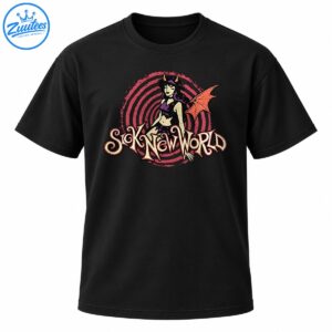 Sick New World graphic featuring a horned demon girl with purple accents, a red bat wing, pink spirals, and ornate cream lettering.