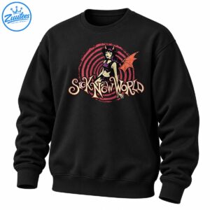 Sick New World graphic featuring a horned demon girl with purple accents, a red bat wing, pink spirals, and ornate cream lettering.