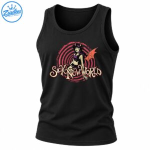 Sick New World graphic featuring a horned demon girl with purple accents, a red bat wing, pink spirals, and ornate cream lettering.