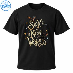 Sick New World graphic with distressed gothic cream lettering, winged skull creatures, ghostly figures, and gold and blue stars