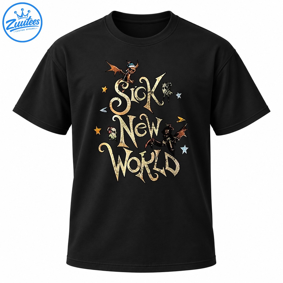 Sick New World graphic with distressed gothic cream lettering, winged skull creatures, ghostly figures, and gold and blue stars Sick New World graphic with distressed gothic cream lettering, winged skull creatures, ghostly figures, and gold and blue stars