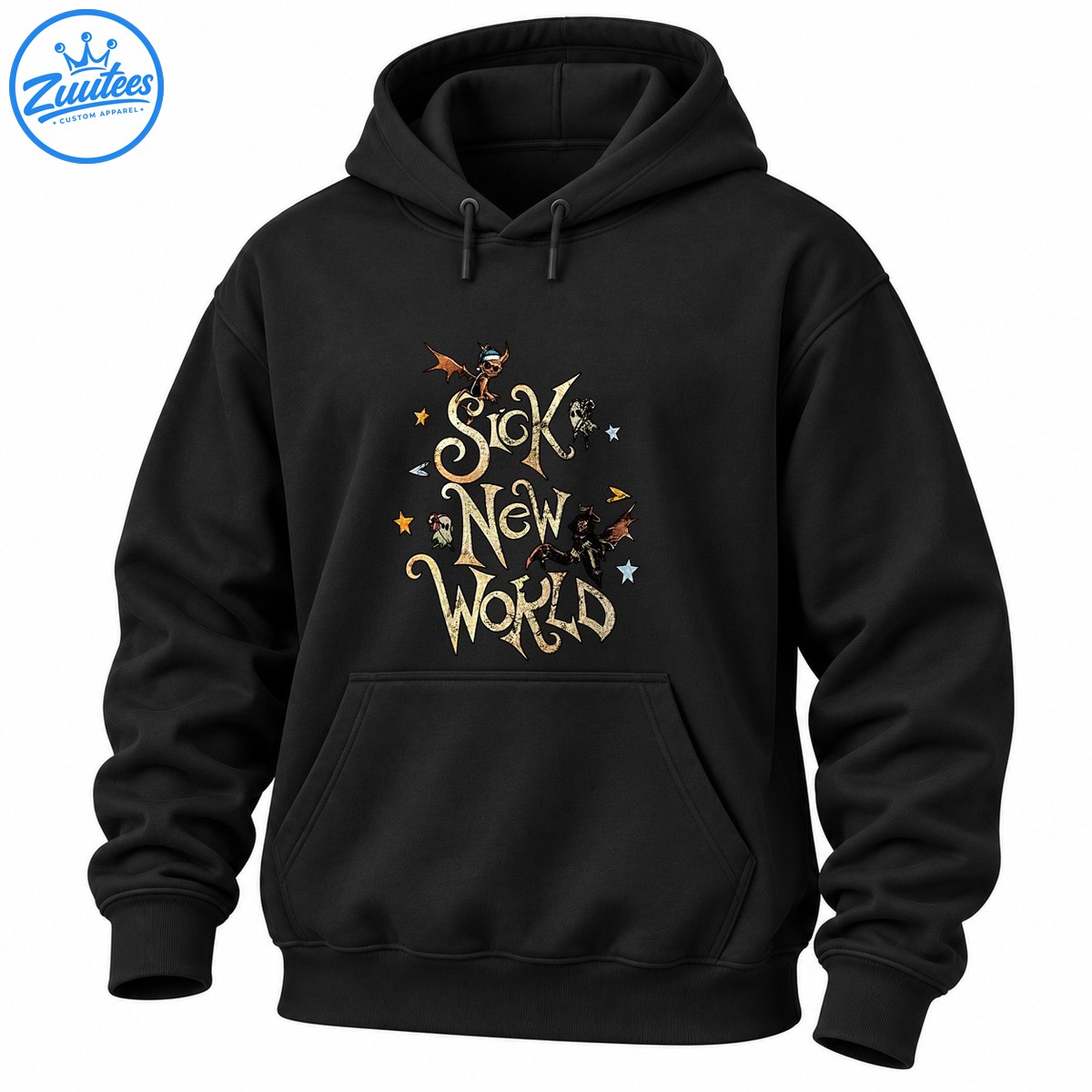 Sick New World graphic with distressed gothic cream lettering, winged skull creatures, ghostly figures, and gold and blue stars Sick New World graphic with distressed gothic cream lettering, winged skull creatures, ghostly figures, and gold and blue stars