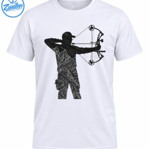 Black archer silhouette aiming a compound bow with white topographic contour lines across the clothing