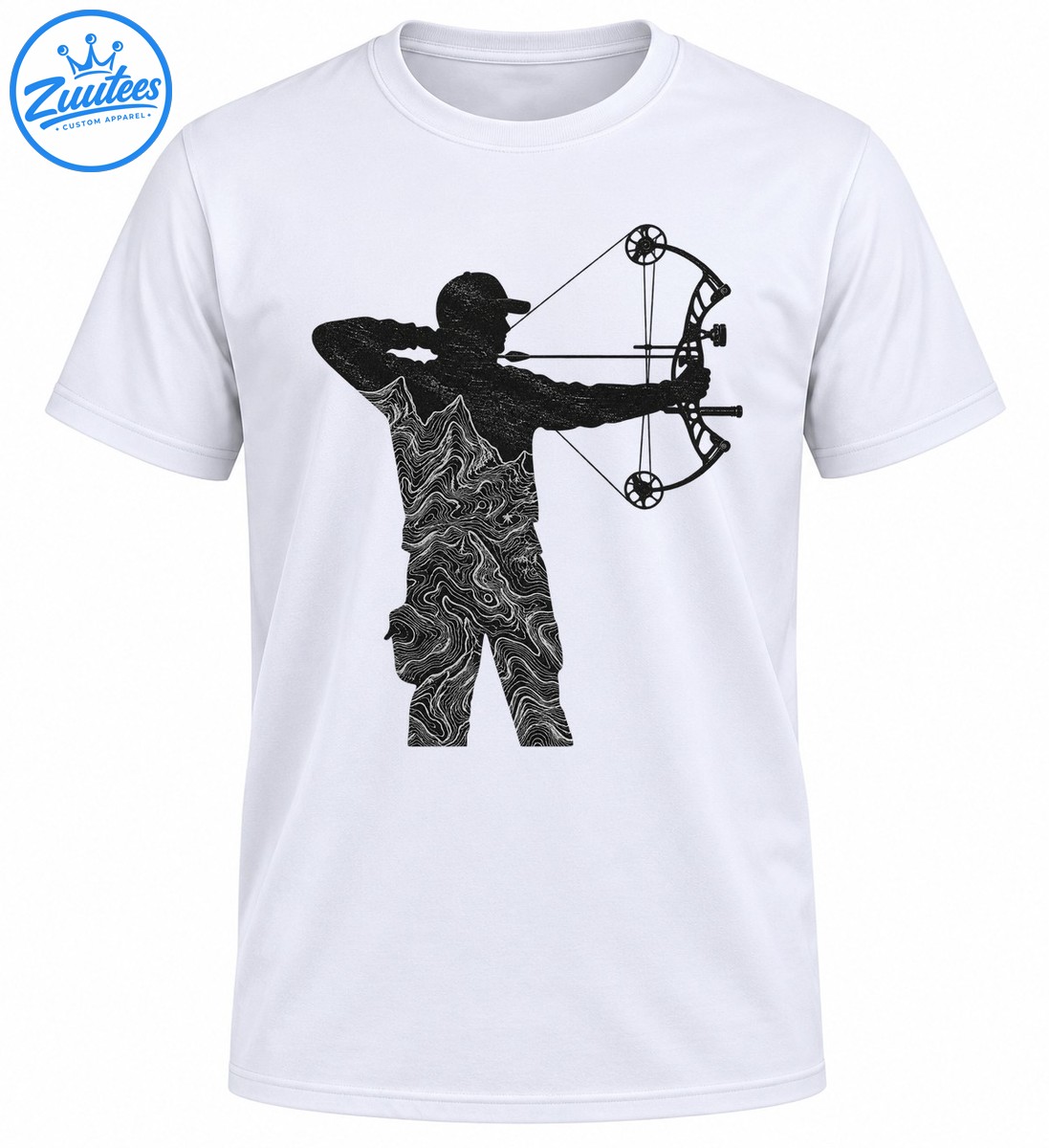 Black archer silhouette aiming a compound bow with white topographic contour lines across the clothing Black archer silhouette aiming a compound bow with white topographic contour lines across the clothing