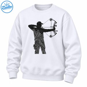 Black archer silhouette aiming a compound bow with white topographic contour lines across the clothing