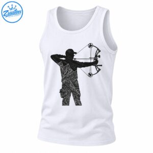 Black archer silhouette aiming a compound bow with white topographic contour lines across the clothing