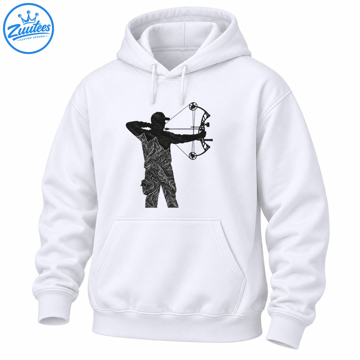 Black archer silhouette aiming a compound bow with white topographic contour lines across the clothing Black archer silhouette aiming a compound bow with white topographic contour lines across the clothing