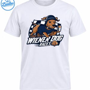 Sioux Falls Wiener Dog Races graphic featuring a brown dachshund in a navy racing outfit, checkered flag, and bold lettering