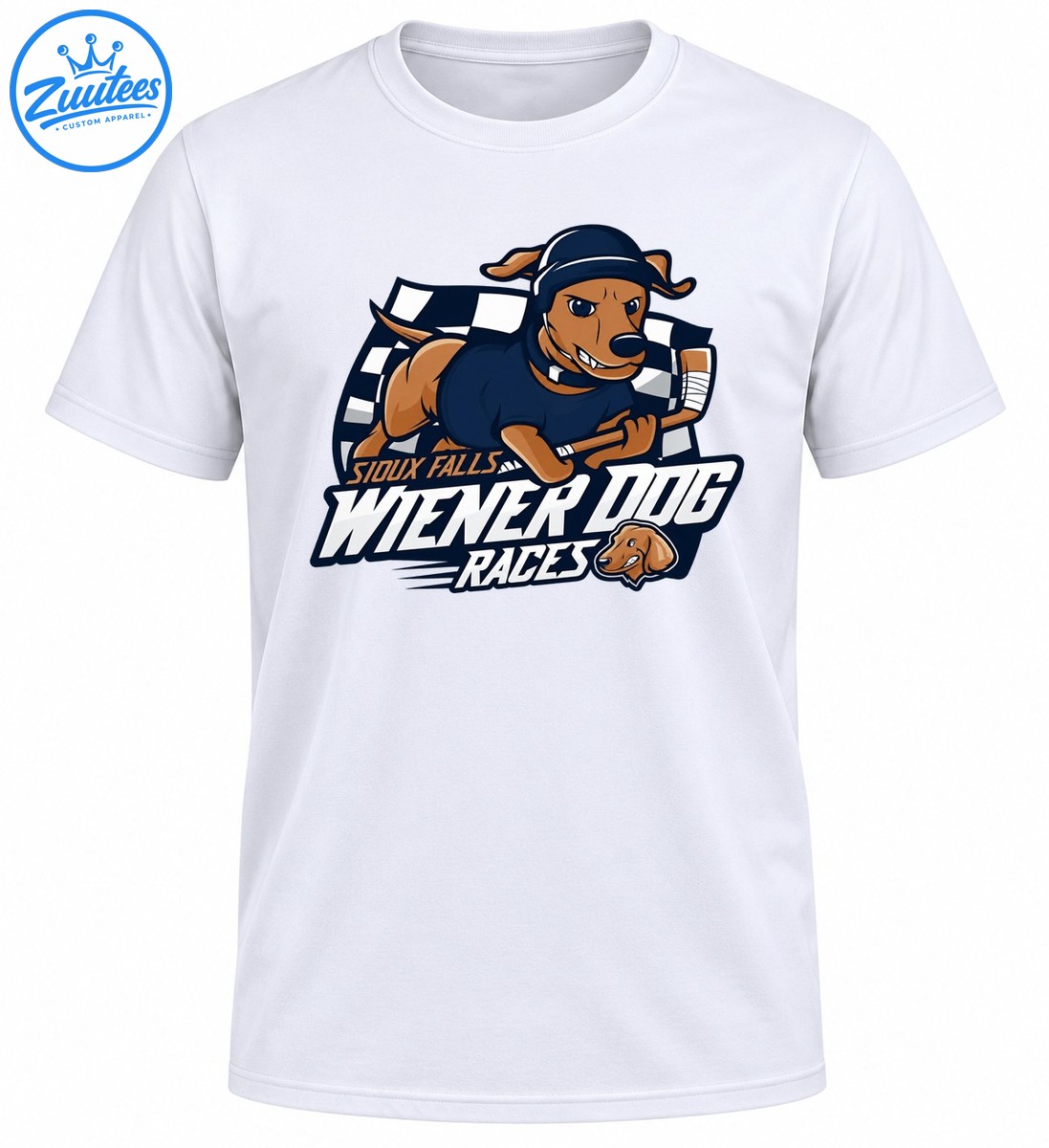 Sioux Falls Wiener Dog Races graphic featuring a brown dachshund in a navy racing outfit, checkered flag, and bold lettering Sioux Falls Wiener Dog Races graphic featuring a brown dachshund in a navy racing outfit, checkered flag, and bold lettering