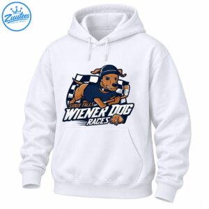 Sioux Falls Wiener Dog Races graphic featuring a brown dachshund in a navy racing outfit, checkered flag, and bold lettering
