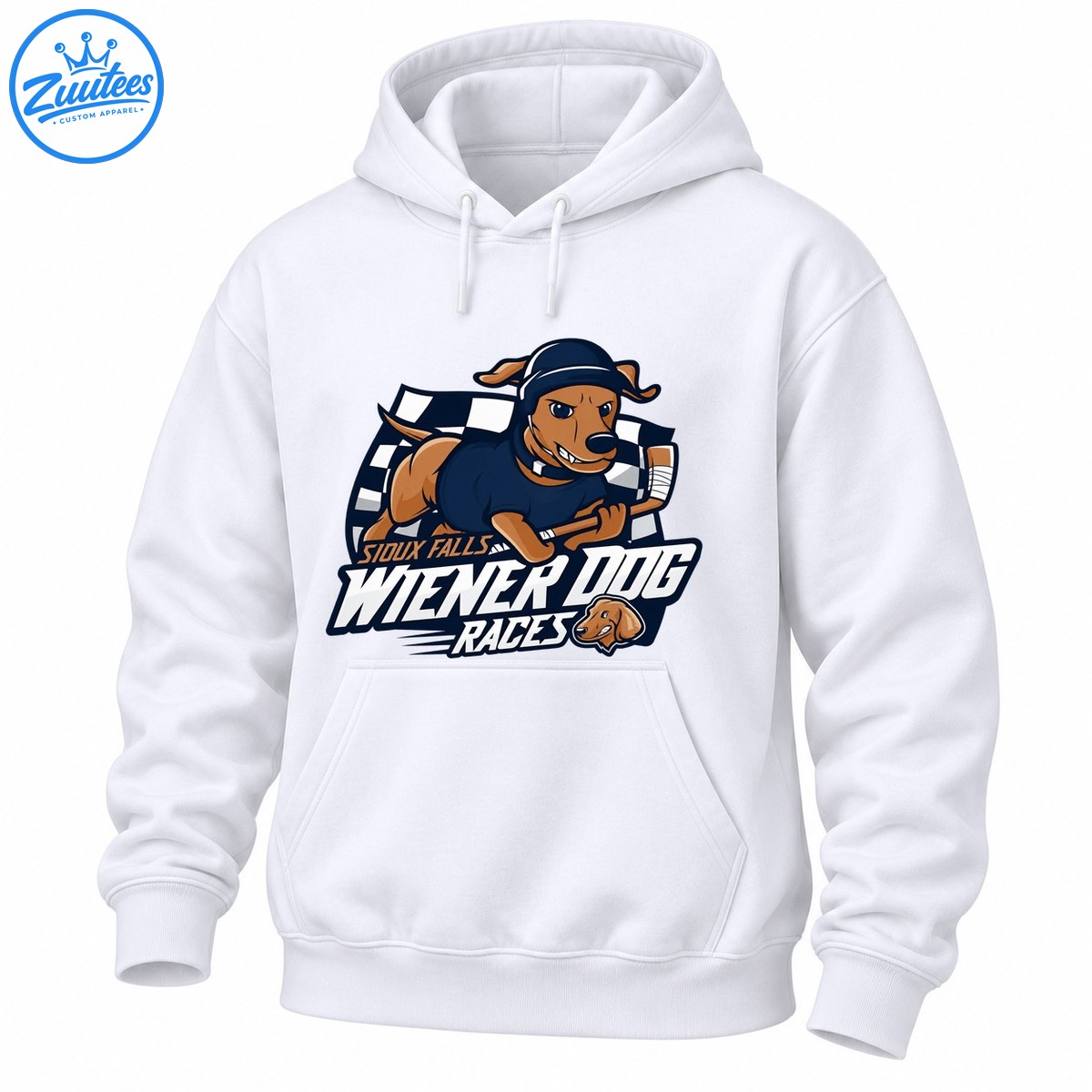 Sioux Falls Wiener Dog Races graphic featuring a brown dachshund in a navy racing outfit, checkered flag, and bold lettering Sioux Falls Wiener Dog Races graphic featuring a brown dachshund in a navy racing outfit, checkered flag, and bold lettering