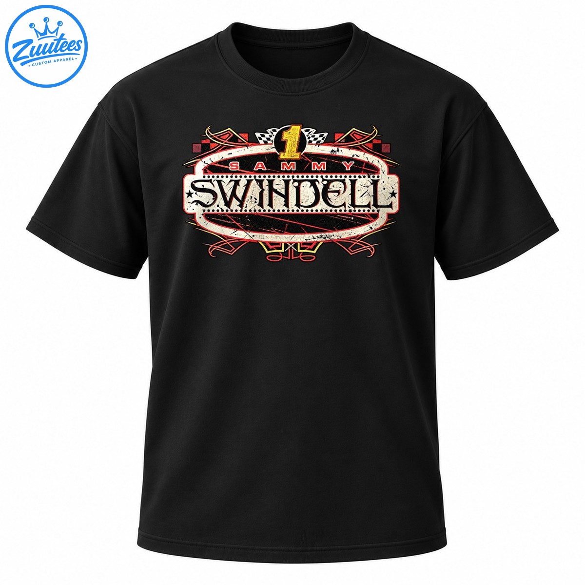 Vintage Sammy Swindell racing emblem with a gold number 1, checkered flags, distressed lettering, and red, cream, and black details Vintage Sammy Swindell racing emblem with a gold number 1, checkered flags, distressed lettering, and red, cream, and black details