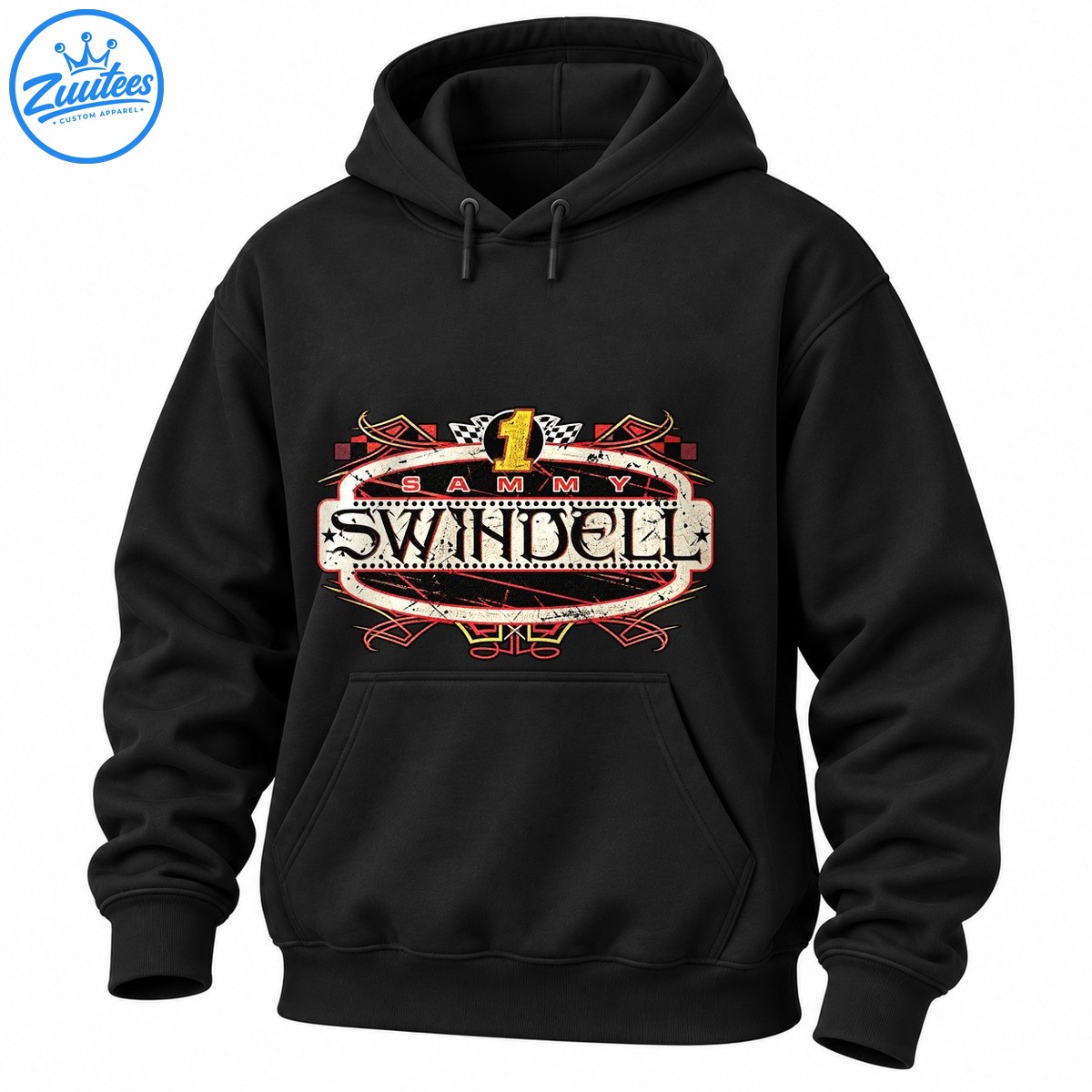 Vintage Sammy Swindell racing emblem with a gold number 1, checkered flags, distressed lettering, and red, cream, and black details Vintage Sammy Swindell racing emblem with a gold number 1, checkered flags, distressed lettering, and red, cream, and black details