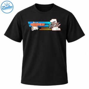 Vintage racing graphic with orange HOOTERS lettering, owl mascot, blue stripes, white number 1, and cursive signature