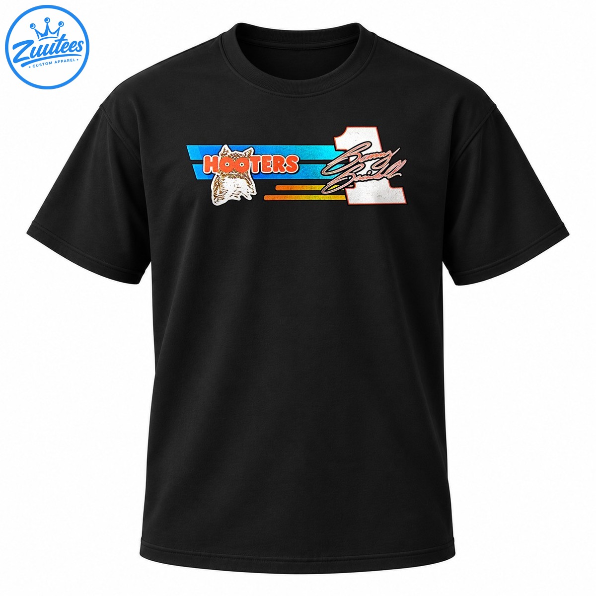 Vintage racing graphic with orange HOOTERS lettering, owl mascot, blue stripes, white number 1, and cursive signature Vintage racing graphic with orange HOOTERS lettering, owl mascot, blue stripes, white number 1, and cursive signature