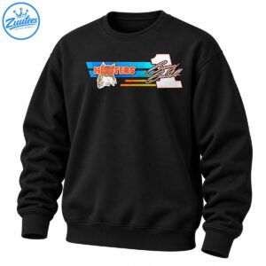 Vintage racing graphic with orange HOOTERS lettering, owl mascot, blue stripes, white number 1, and cursive signature