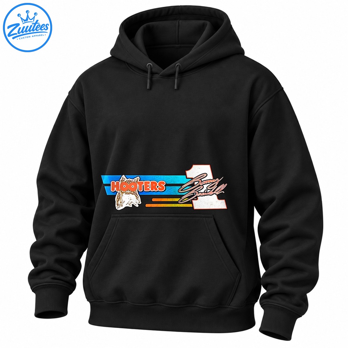 Vintage racing graphic with orange HOOTERS lettering, owl mascot, blue stripes, white number 1, and cursive signature Vintage racing graphic with orange HOOTERS lettering, owl mascot, blue stripes, white number 1, and cursive signature