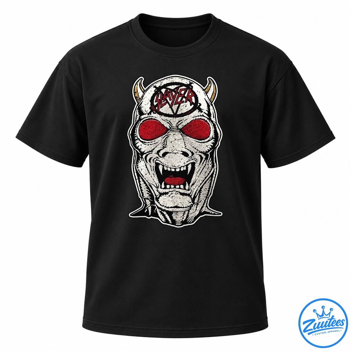 Slayer Mexico Reign In Blood 40th Anniversary Criminally Insane Logo Shirt Slayer red lettering on a distressed black and white horned monster face with red eyes, fangs, and gold horns.