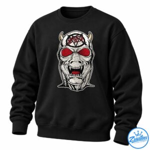 Slayer red lettering on a distressed black and white horned monster face with red eyes, fangs, and gold horns.