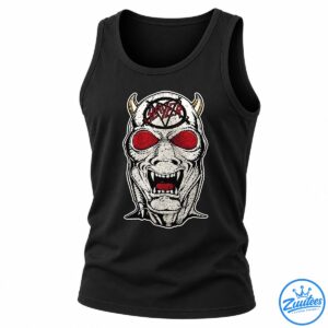 Slayer red lettering on a distressed black and white horned monster face with red eyes, fangs, and gold horns.
