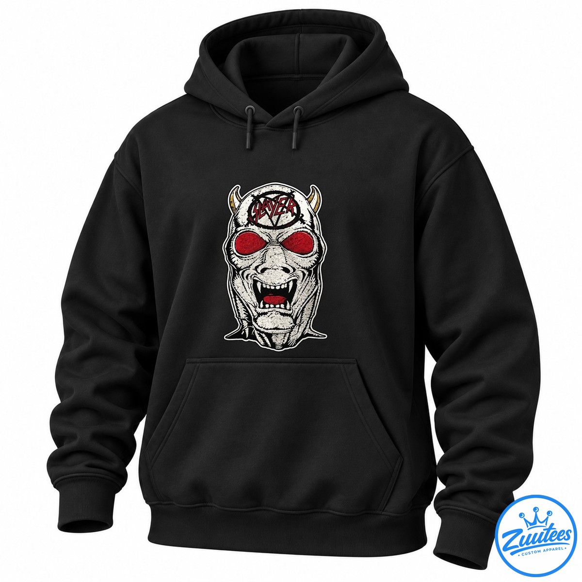 Slayer Mexico Reign In Blood 40th Anniversary Criminally Insane Logo Shirt Slayer red lettering on a distressed black and white horned monster face with red eyes, fangs, and gold horns.
