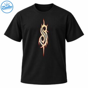 Distressed ivory tribal flame sigil with black grooves and fiery red-orange edges on a dark shirt design