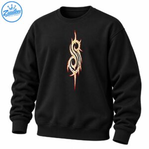 Distressed ivory tribal flame sigil with black grooves and fiery red-orange edges on a dark shirt design