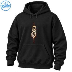 Distressed ivory tribal flame sigil with black grooves and fiery red-orange edges on a dark shirt design