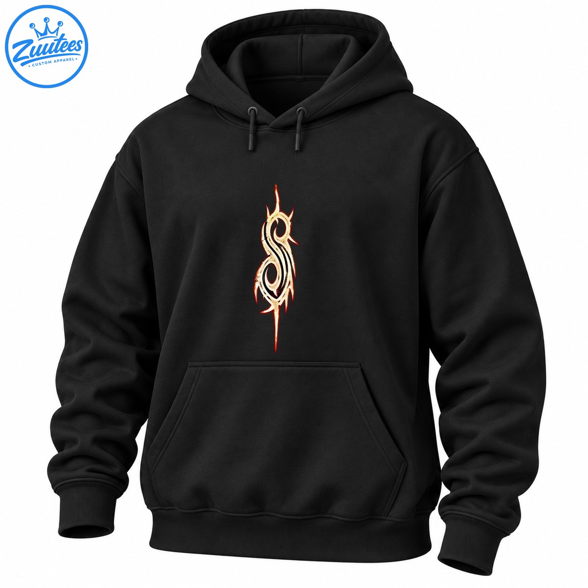 Distressed ivory tribal flame sigil with black grooves and fiery red orange edges on a dark shirt design Distressed ivory tribal flame sigil with black grooves and fiery red-orange edges on a dark shirt design