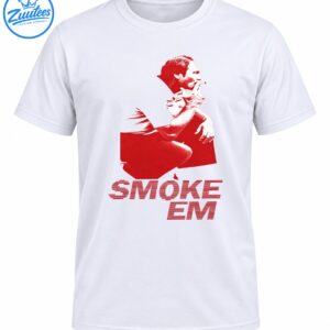 Vintage red graphic of a seated cigar-smoking man with mustache above striped SMOKE EM lettering