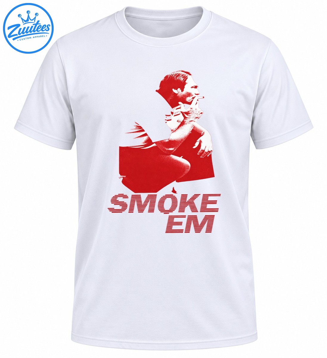 Vintage red graphic of a seated cigar smoking man with mustache above striped SMOKE EM lettering Vintage red graphic of a seated cigar-smoking man with mustache above striped SMOKE EM lettering