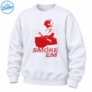 Vintage red graphic of a seated cigar-smoking man with mustache above striped SMOKE EM lettering