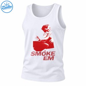 Vintage red graphic of a seated cigar-smoking man with mustache above striped SMOKE EM lettering