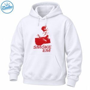 Vintage red graphic of a seated cigar-smoking man with mustache above striped SMOKE EM lettering
