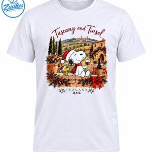 Snoopy and Woodstock in Santa hats with Tuscan hills, wine, Christmas garlands, presents, and Tuscany and Tinsel text