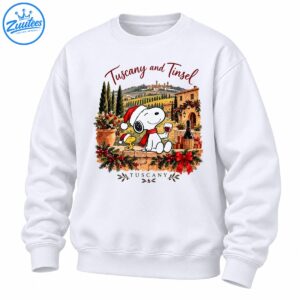 Snoopy and Woodstock in Santa hats with Tuscan hills, wine, Christmas garlands, presents, and Tuscany and Tinsel text