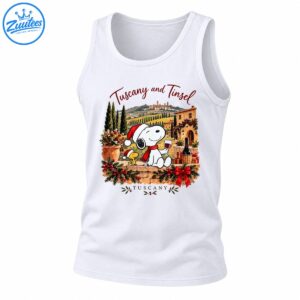Snoopy and Woodstock in Santa hats with Tuscan hills, wine, Christmas garlands, presents, and Tuscany and Tinsel text