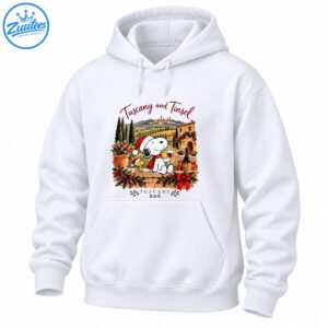 Snoopy and Woodstock in Santa hats with Tuscan hills, wine, Christmas garlands, presents, and Tuscany and Tinsel text