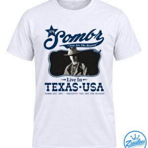 Sombr You Are The Reason graphic with a cowboy portrait, navy script, rope border, and Live in Texas-USA lettering