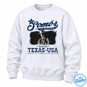 Sombr You Are The Reason graphic with a cowboy portrait, navy script, rope border, and Live in Texas-USA lettering