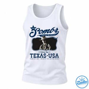 Sombr You Are The Reason graphic with a cowboy portrait, navy script, rope border, and Live in Texas-USA lettering