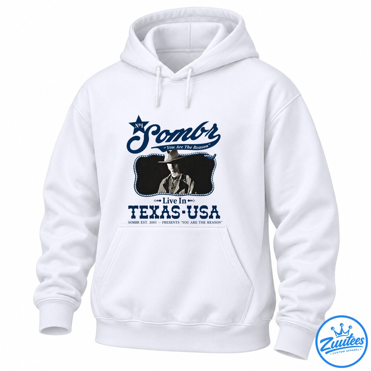 Sombr You Are The Reason graphic with a cowboy portrait, navy script, rope border, and Live in Texas USA lettering Sombr You Are The Reason graphic with a cowboy portrait, navy script, rope border, and Live in Texas-USA lettering