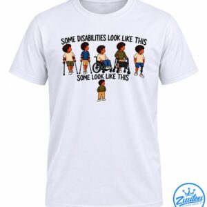 Disability awareness shirt design with illustrated children using crutches, a wheelchair, a walker, and a prosthetic leg