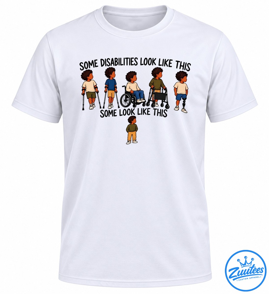 Disability awareness shirt design with illustrated children using crutches, a wheelchair, a walker, and a prosthetic leg Disability awareness shirt design with illustrated children using crutches, a wheelchair, a walker, and a prosthetic leg