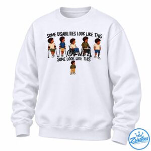 Disability awareness shirt design with illustrated children using crutches, a wheelchair, a walker, and a prosthetic leg