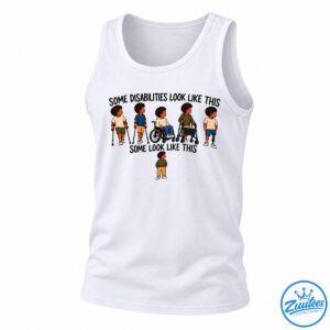 Disability awareness shirt design with illustrated children using crutches, a wheelchair, a walker, and a prosthetic leg