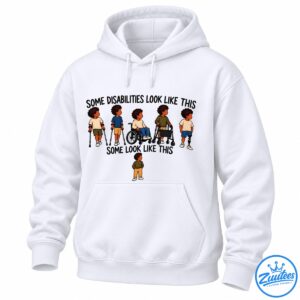Disability awareness shirt design with illustrated children using crutches, a wheelchair, a walker, and a prosthetic leg