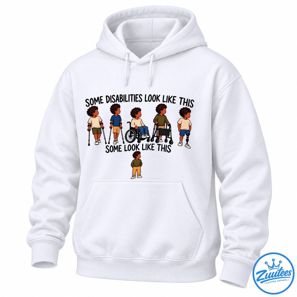 Disability awareness shirt design with illustrated children using crutches, a wheelchair, a walker, and a prosthetic leg Disability awareness shirt design with illustrated children using crutches, a wheelchair, a walker, and a prosthetic leg